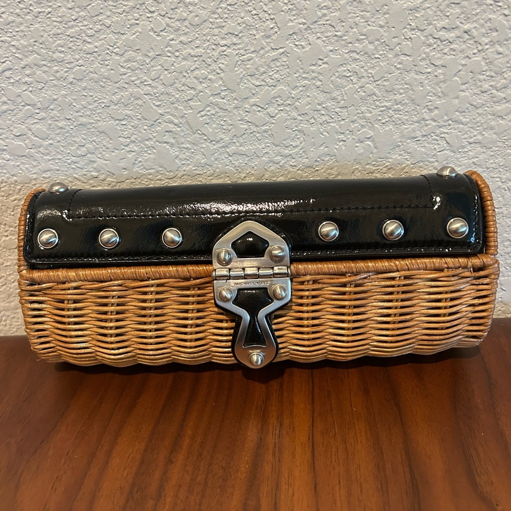 Michael Kors Woven Rattan Clutch with Black Patent Trim and Silver Hardware